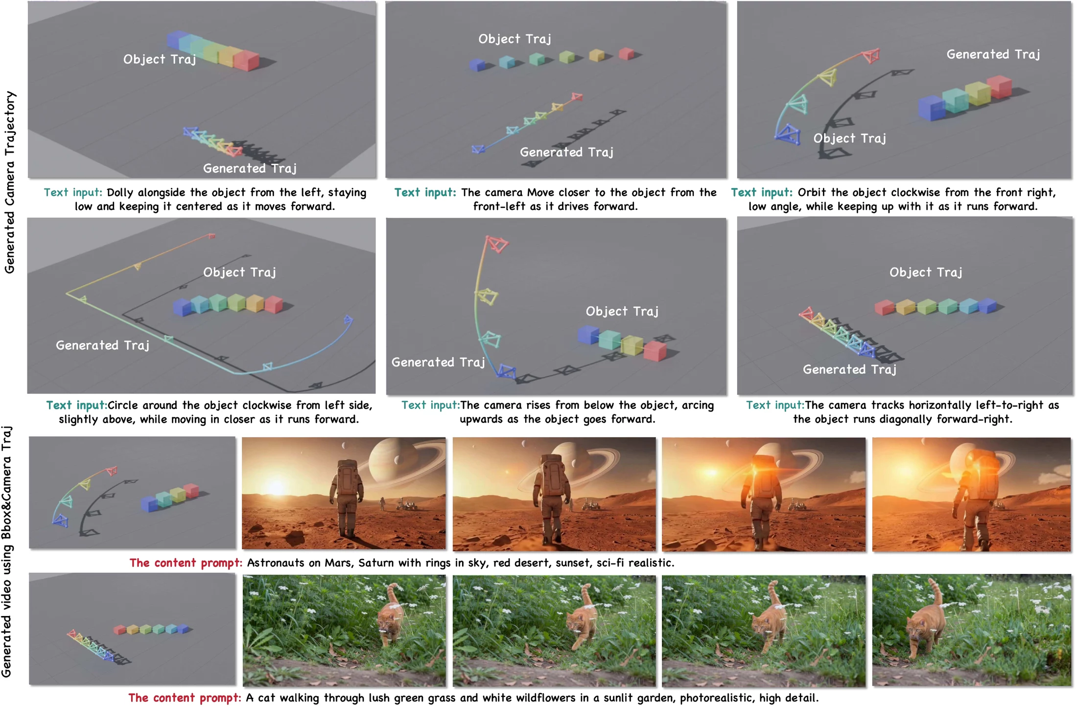Examples of target object trajectories, generated camera trajectories, and downstream video-generation frames.